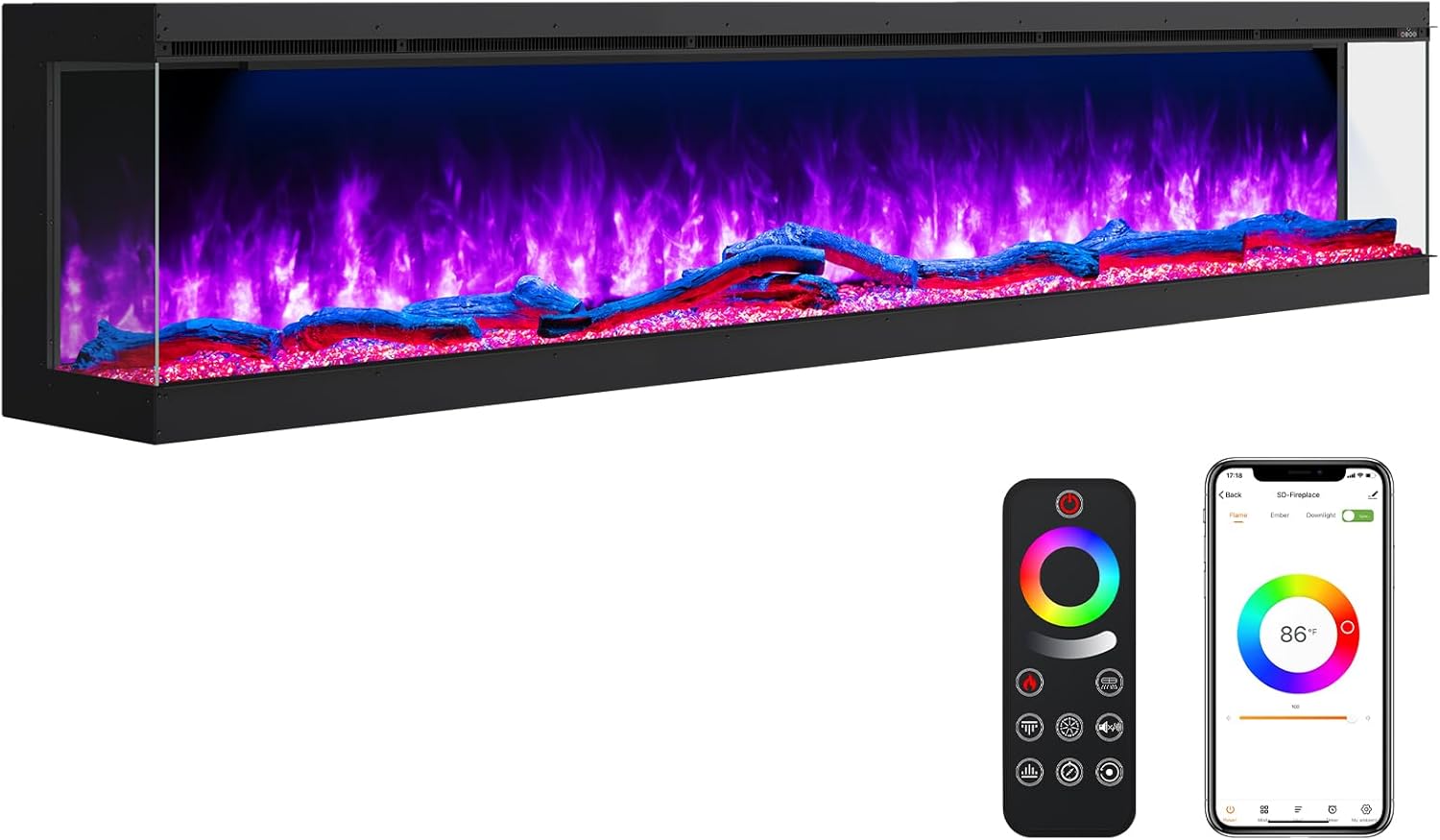 3-Sided Smart Electric Fireplace, 100" Insert with 251 Colors, App Control, 750W/1500W Heater for Christmas & Indoor Decor
