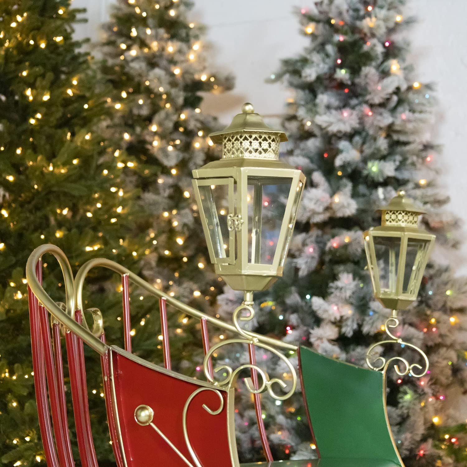 Life-Size Metal Outdoor Victorian Christmas Santa Sleigh, Commercial Christmas Decoration (Red, Green, and Gold)