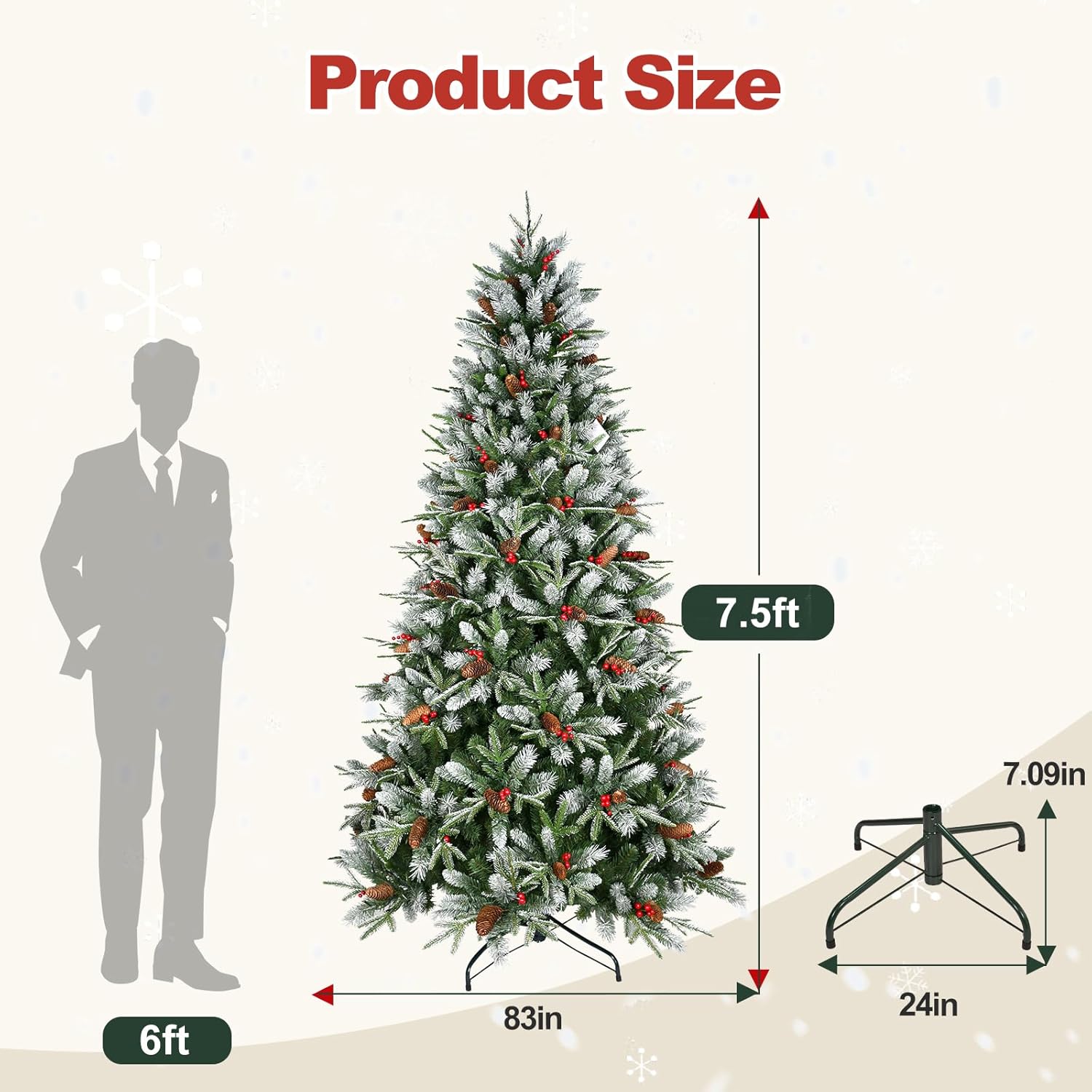 7.5 Ft Artificial Christmas Tree Pre-Decorated with Snow Flocked PVC&PE Tips, Pine Cones