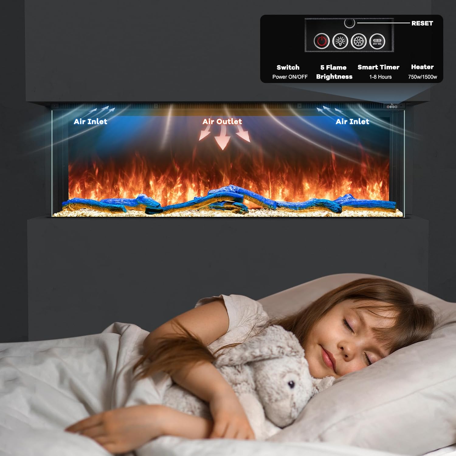 3-Sided Smart Electric Fireplace, 100" Insert with 251 Colors, App Control, 750W/1500W Heater for Christmas & Indoor Decor