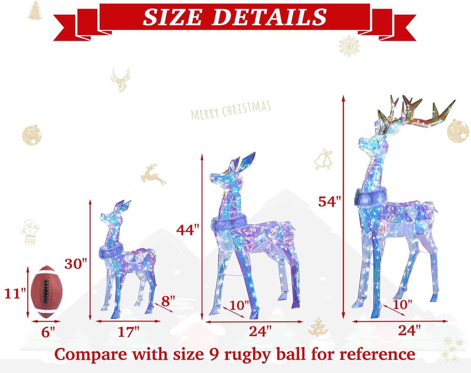 54 Inch 3D Colorful Large Lighted Christmas Deer Decorations 3-Piece Outdoor Holiday Decorations