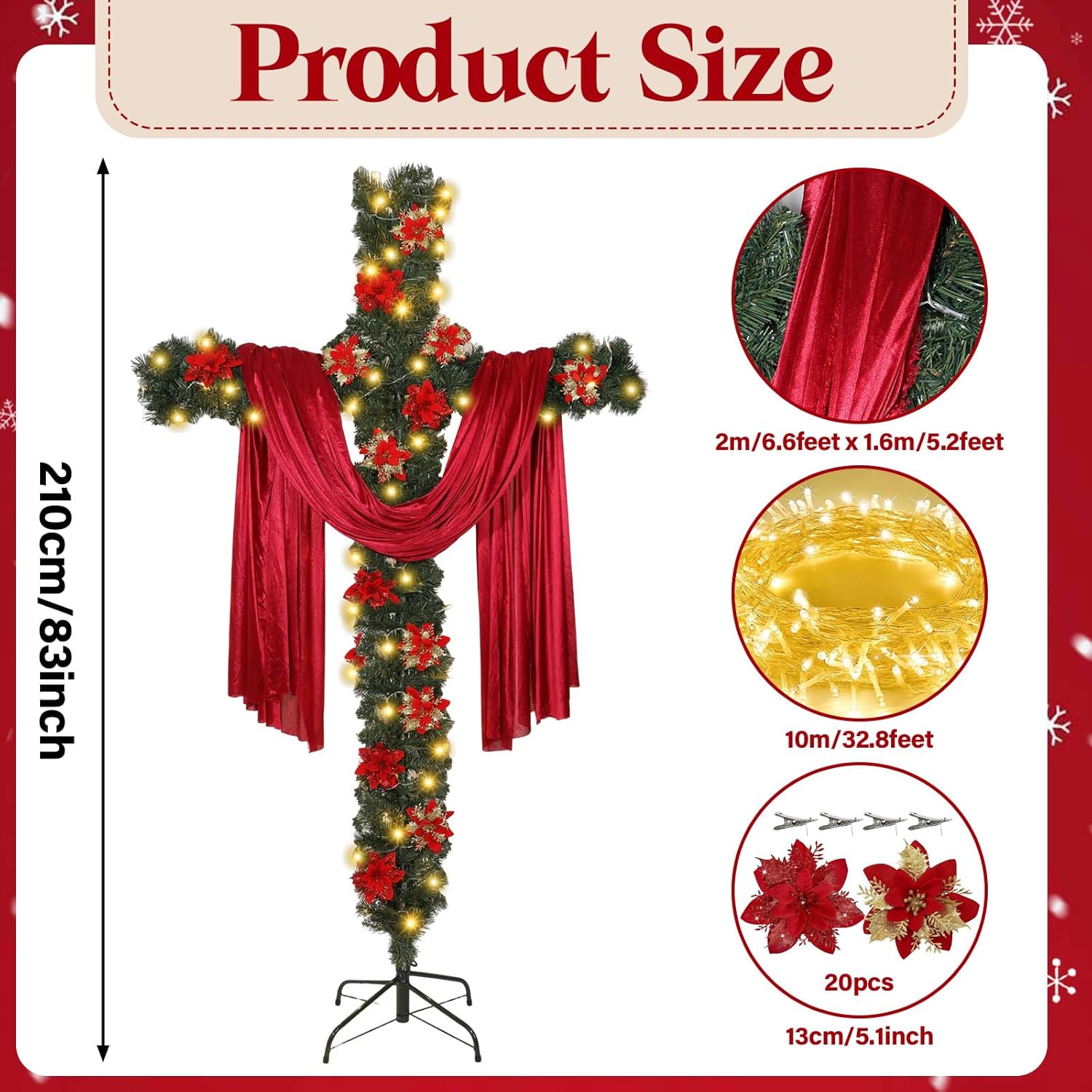 7Ft Artificial Christmas Cross Tree with a String Lights a Red Silk Scarf and 20Pcs Red Poinsettia Flowers