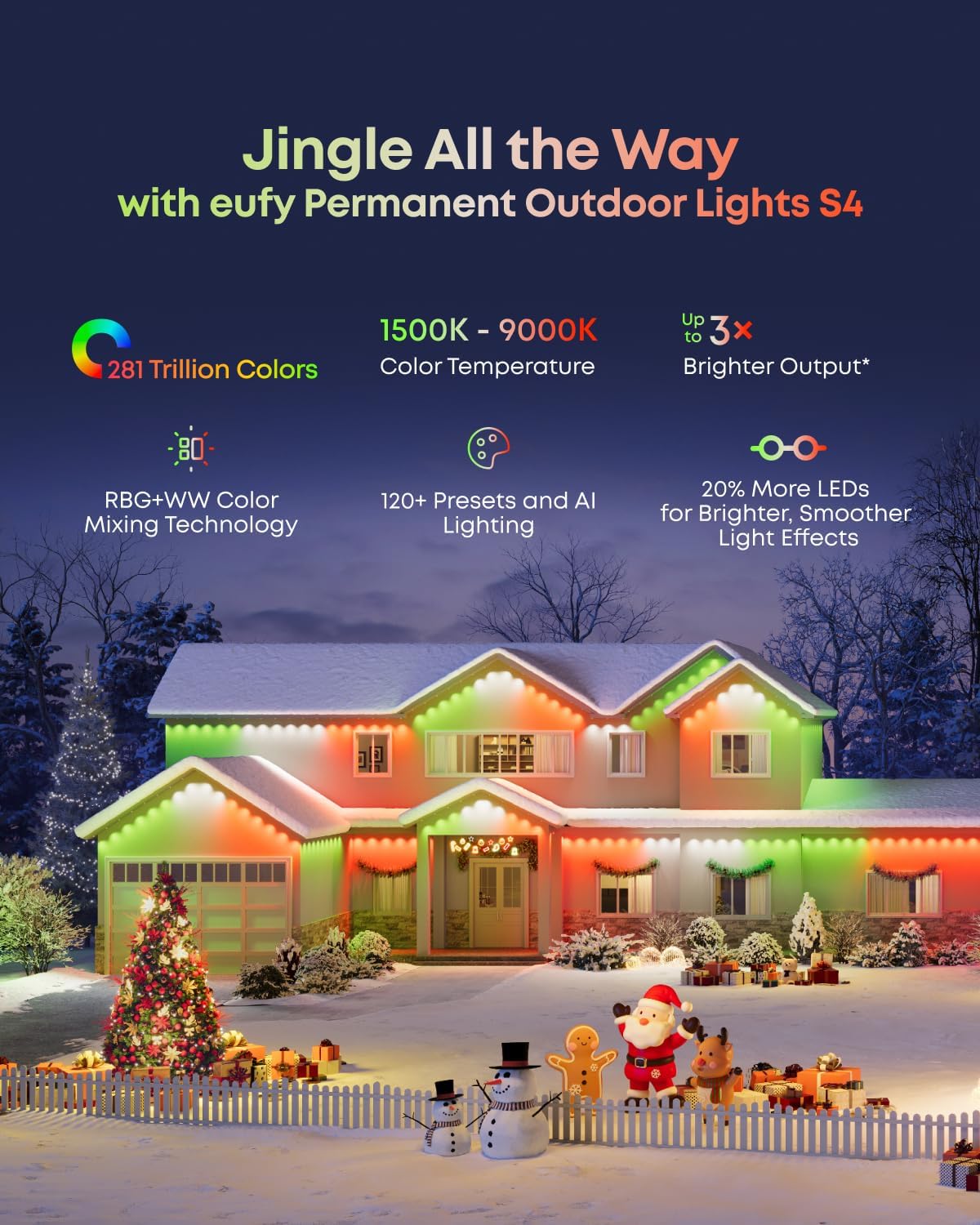 Permanent Outdoor Lights S4, 3D Radar-Activated, 200ft with 144 LED Lights, Smart RGBWW for Halloween and Christmas Decorations