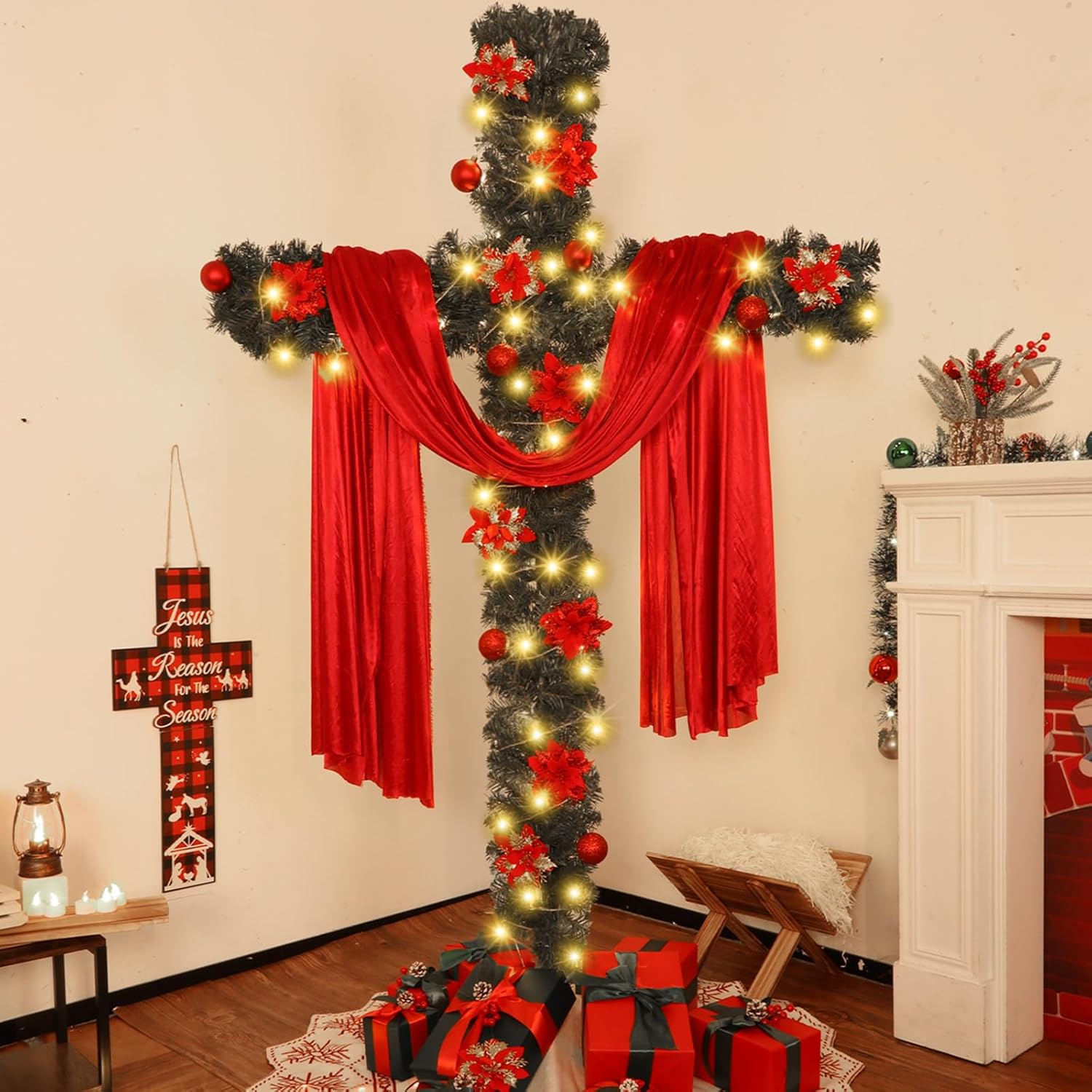 7Ft Artificial Christmas Cross Tree with a String Lights a Red Silk Scarf and 20Pcs Red Poinsettia Flowers