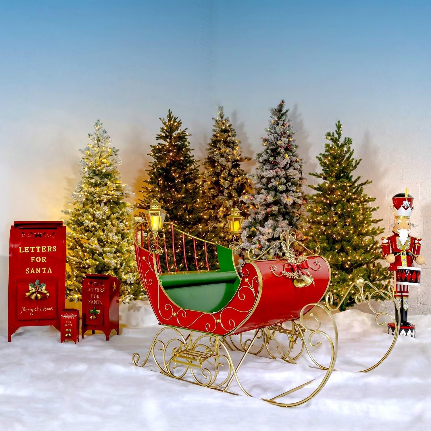 Life-Size Metal Outdoor Victorian Christmas Santa Sleigh, Commercial Christmas Decoration (Red, Green, and Gold)
