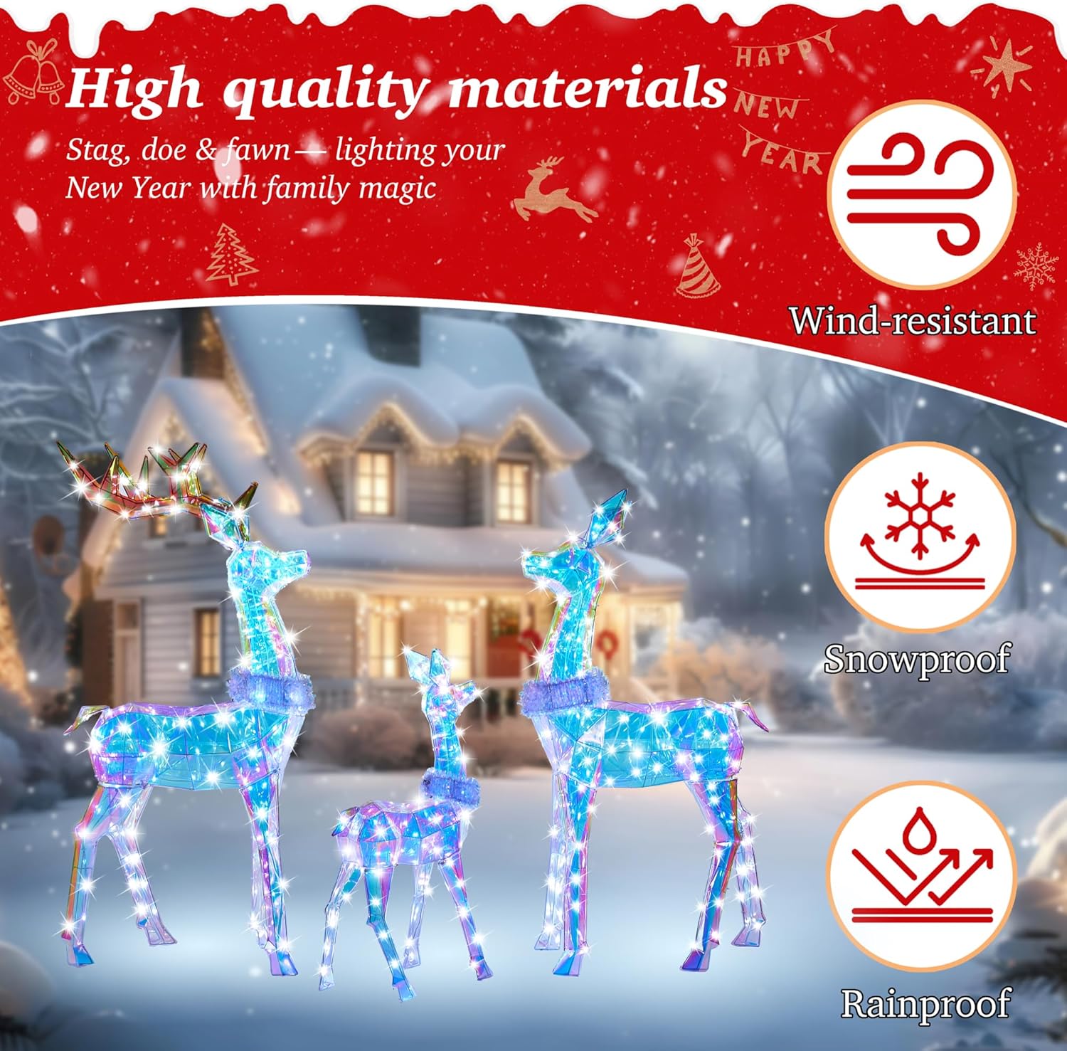 54 Inch 3D Colorful Large Lighted Christmas Deer Decorations 3-Piece Outdoor Holiday Decorations