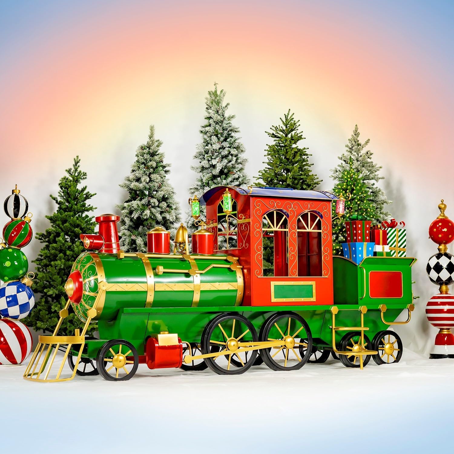 Large Metal Christmas Train Commercial Decoration (12.5 Feet Long - Medium, Christmas Themed Colors)
