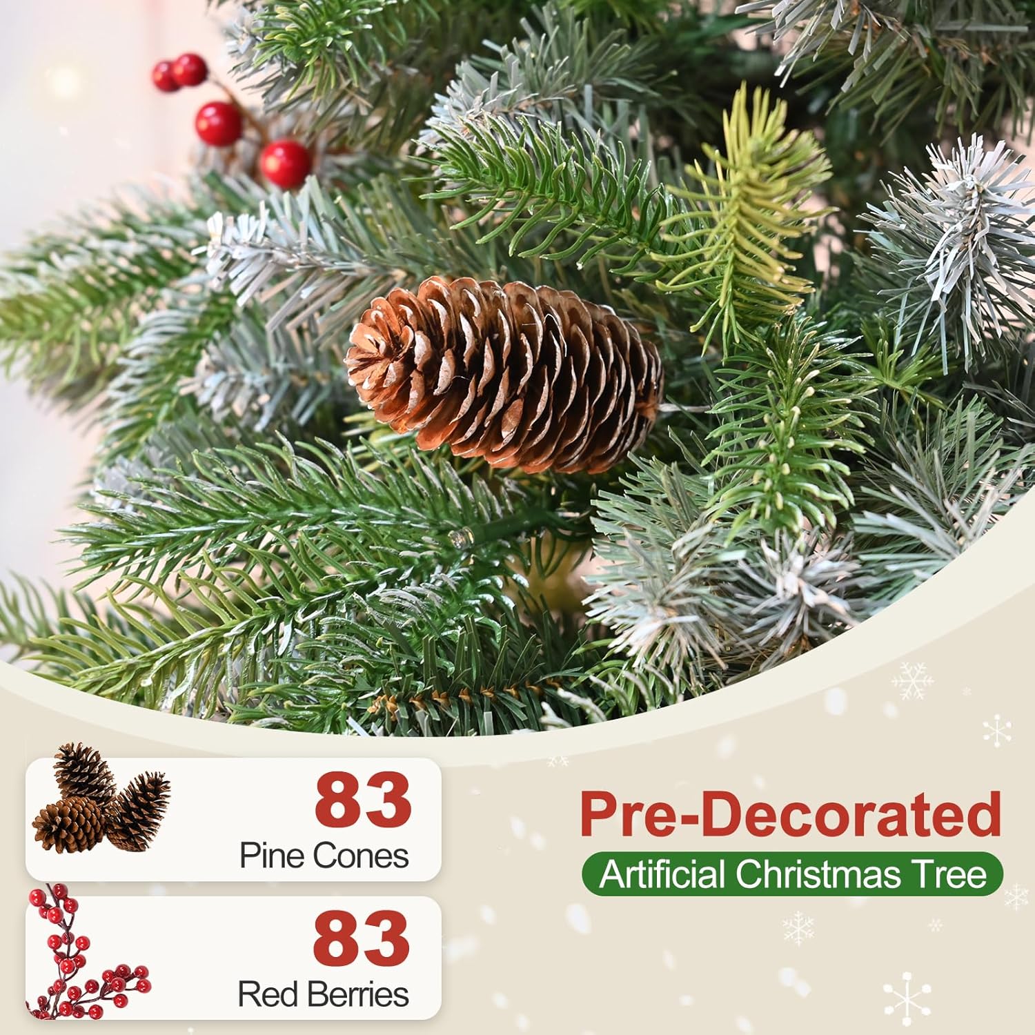 7.5 Ft Artificial Christmas Tree Pre-Decorated with Snow Flocked PVC&PE Tips, Pine Cones