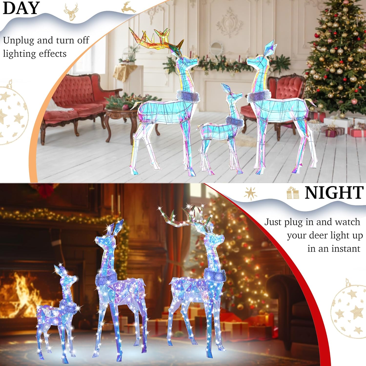 54 Inch 3D Colorful Large Lighted Christmas Deer Decorations 3-Piece Outdoor Holiday Decorations