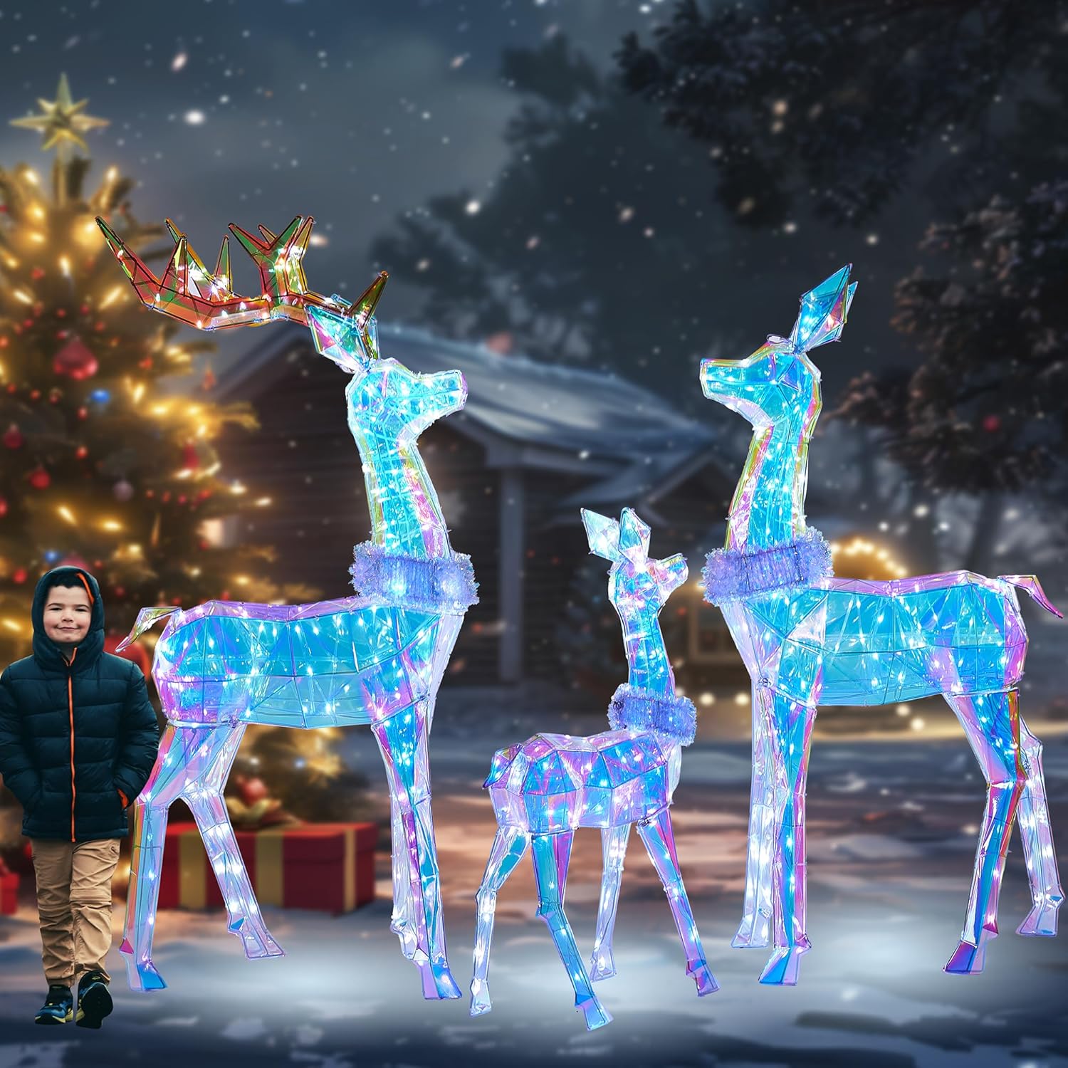 54 Inch 3D Colorful Large Lighted Christmas Deer Decorations 3-Piece Outdoor Holiday Decorations