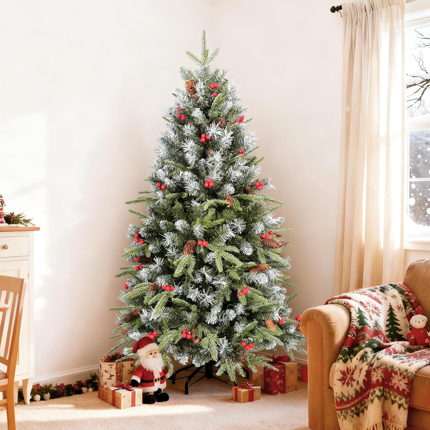7.5 Ft Artificial Christmas Tree Pre-Decorated with Snow Flocked PVC&PE Tips, Pine Cones