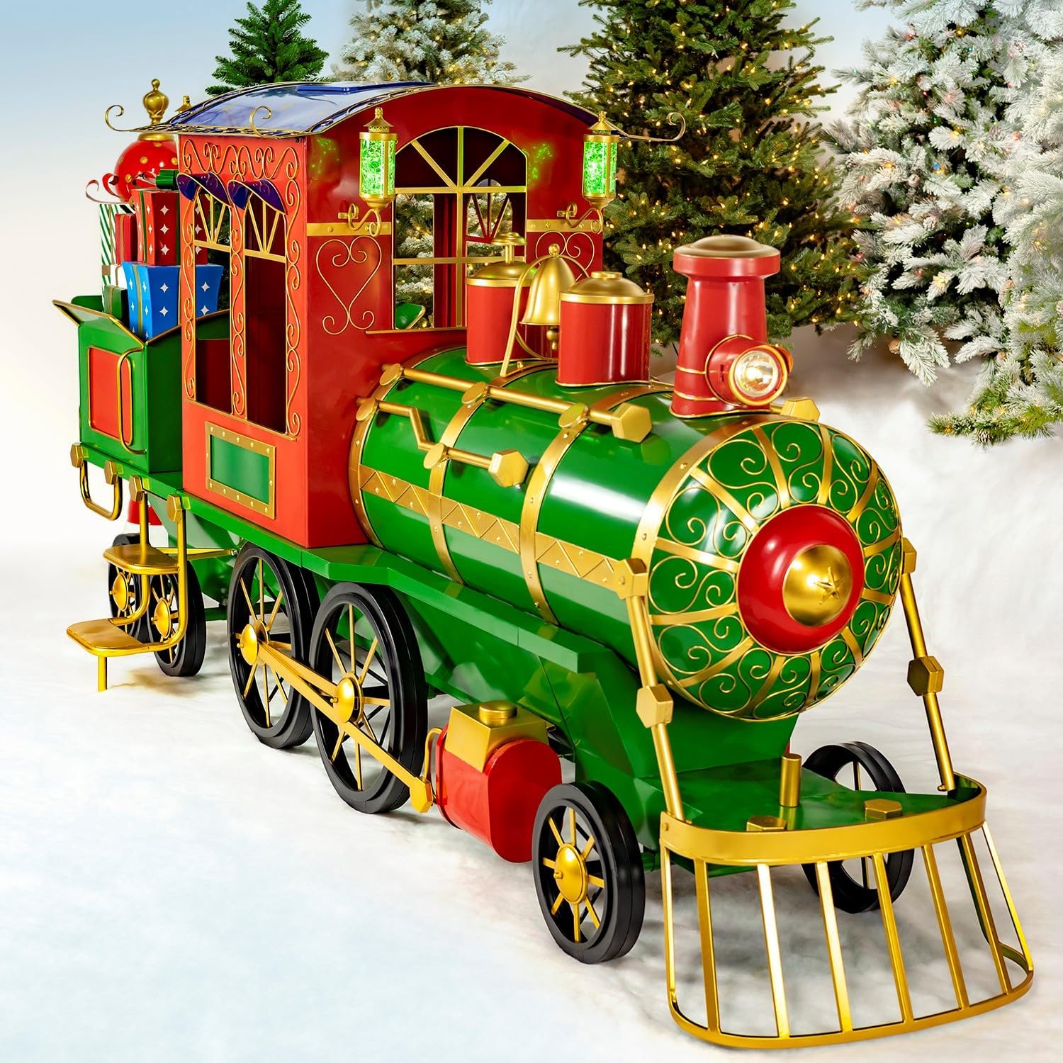Large Metal Christmas Train Commercial Decoration (12.5 Feet Long - Medium, Christmas Themed Colors)