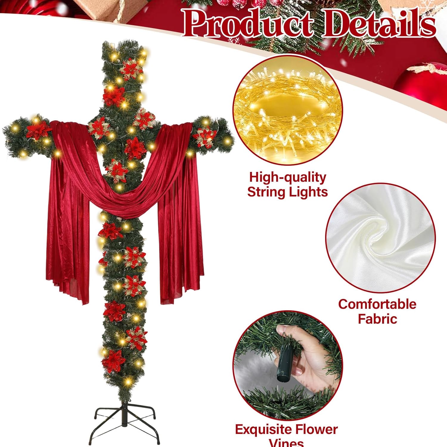 7Ft Artificial Christmas Cross Tree with a String Lights a Red Silk Scarf and 20Pcs Red Poinsettia Flowers