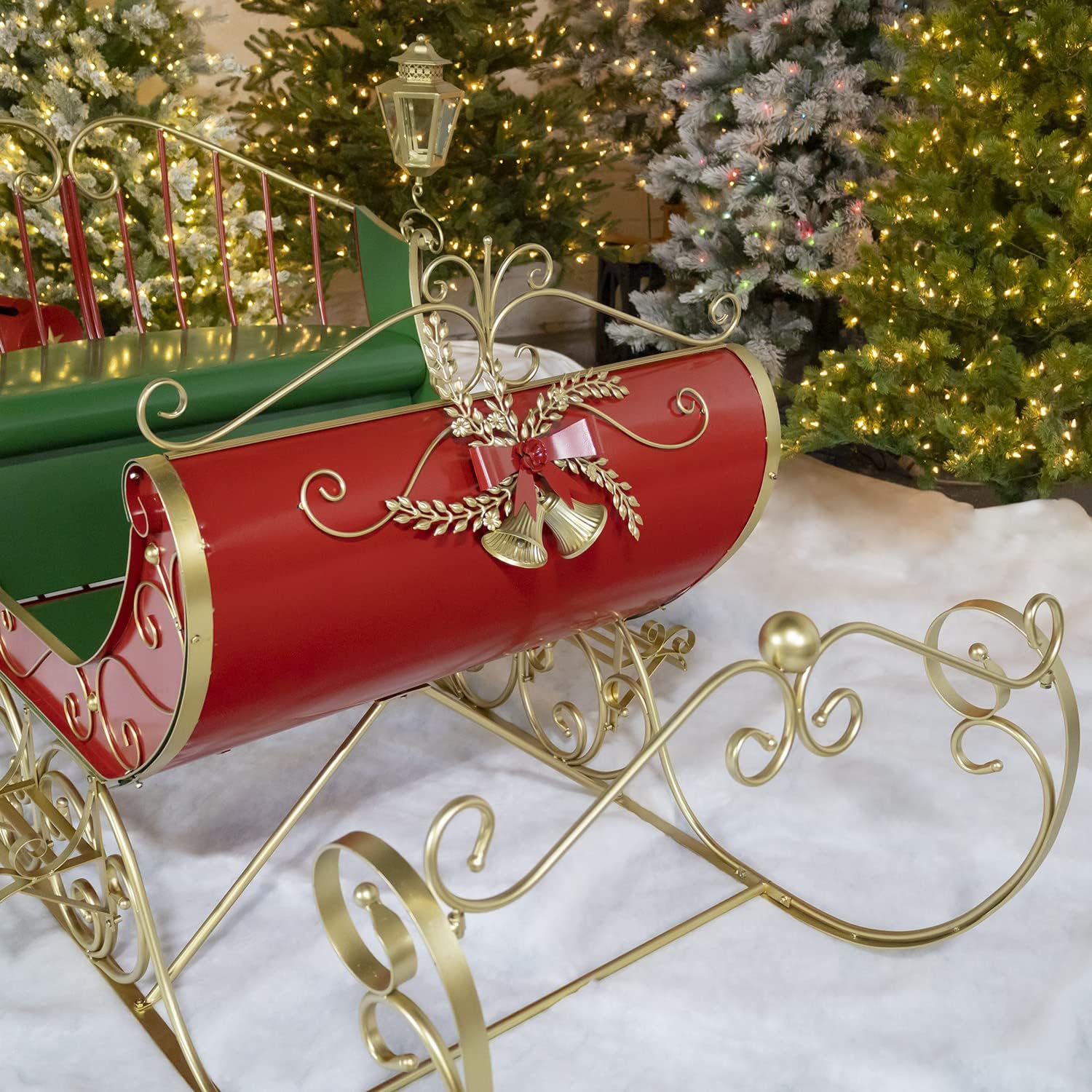 Life-Size Metal Outdoor Victorian Christmas Santa Sleigh, Commercial Christmas Decoration (Red, Green, and Gold)