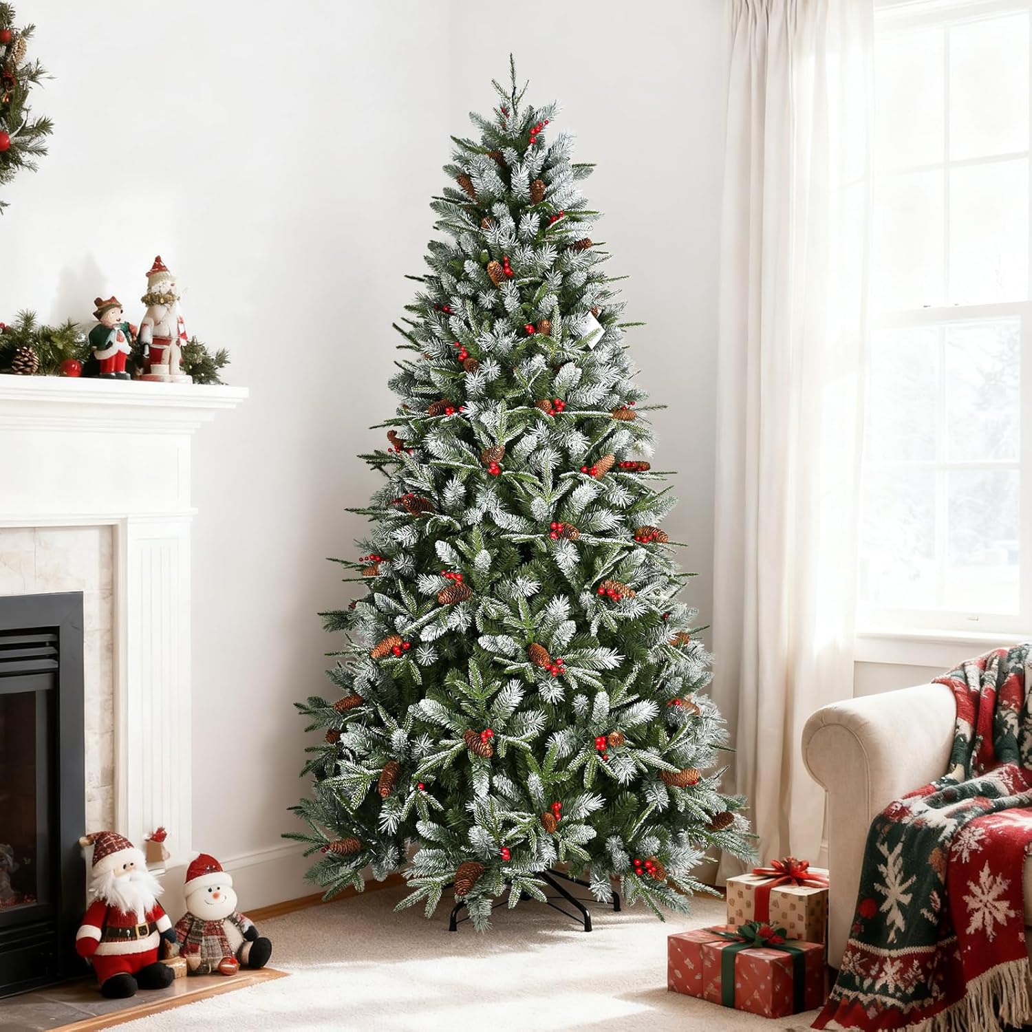 7.5 Ft Artificial Christmas Tree Pre-Decorated with Snow Flocked PVC&PE Tips, Pine Cones
