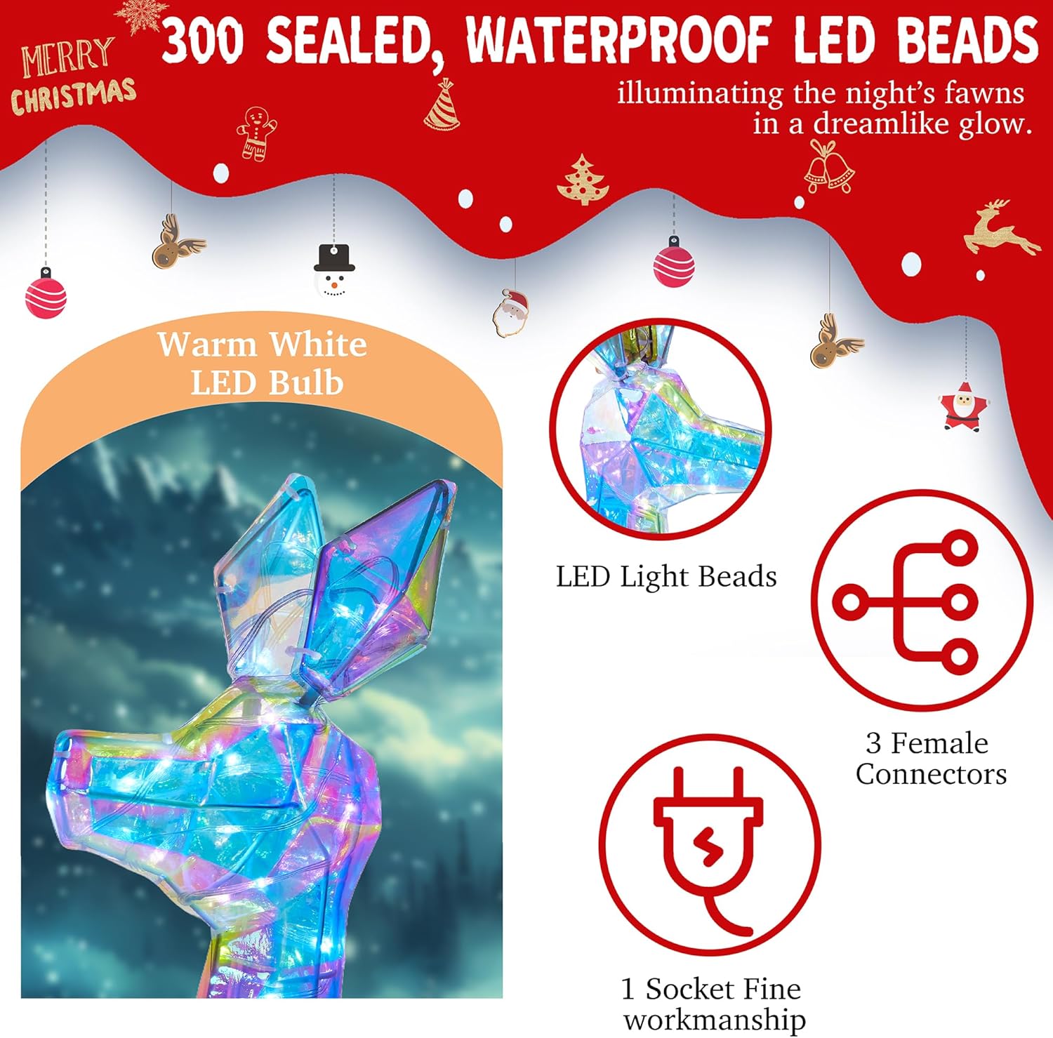 54 Inch 3D Colorful Large Lighted Christmas Deer Decorations 3-Piece Outdoor Holiday Decorations