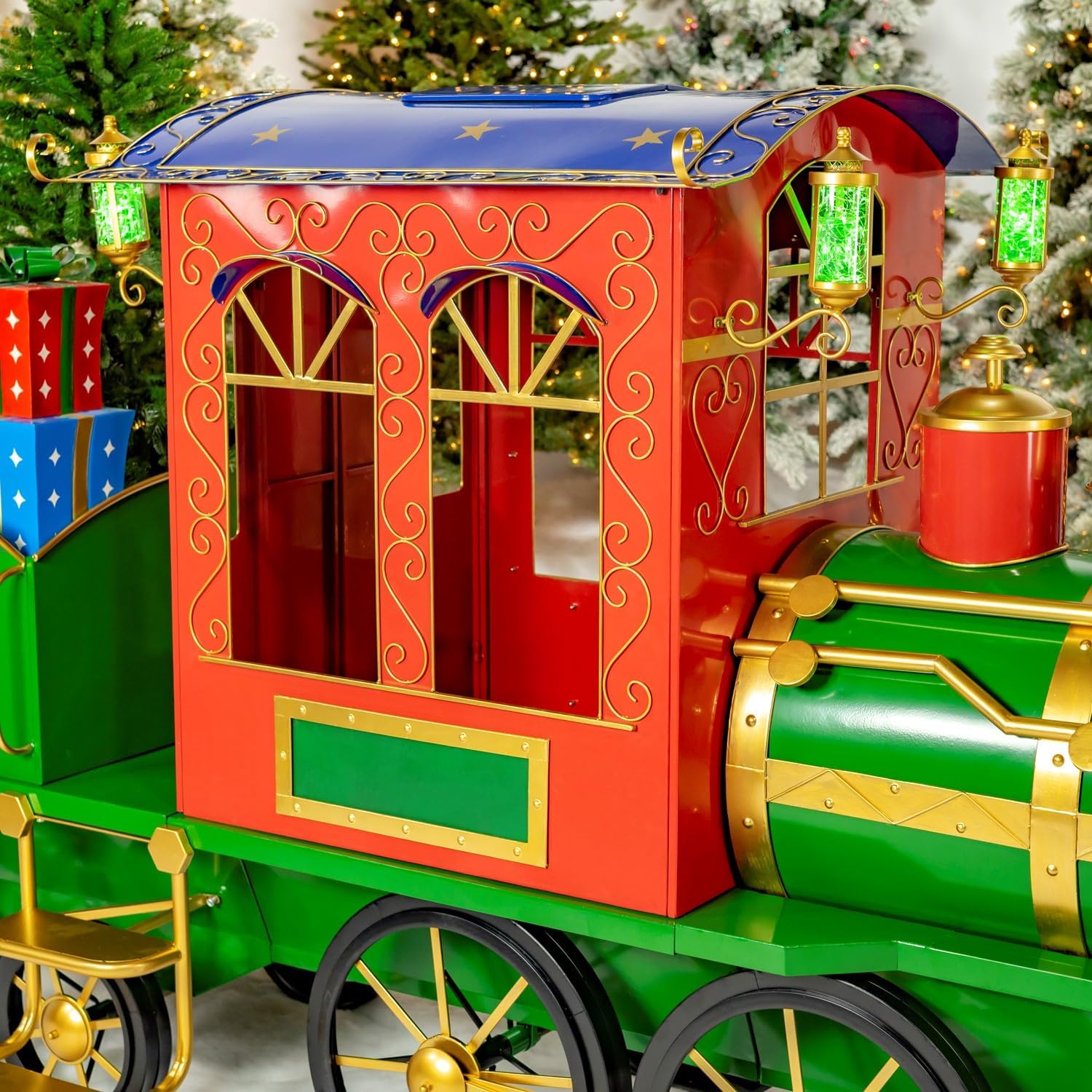 Large Metal Christmas Train Commercial Decoration (12.5 Feet Long - Medium, Christmas Themed Colors)