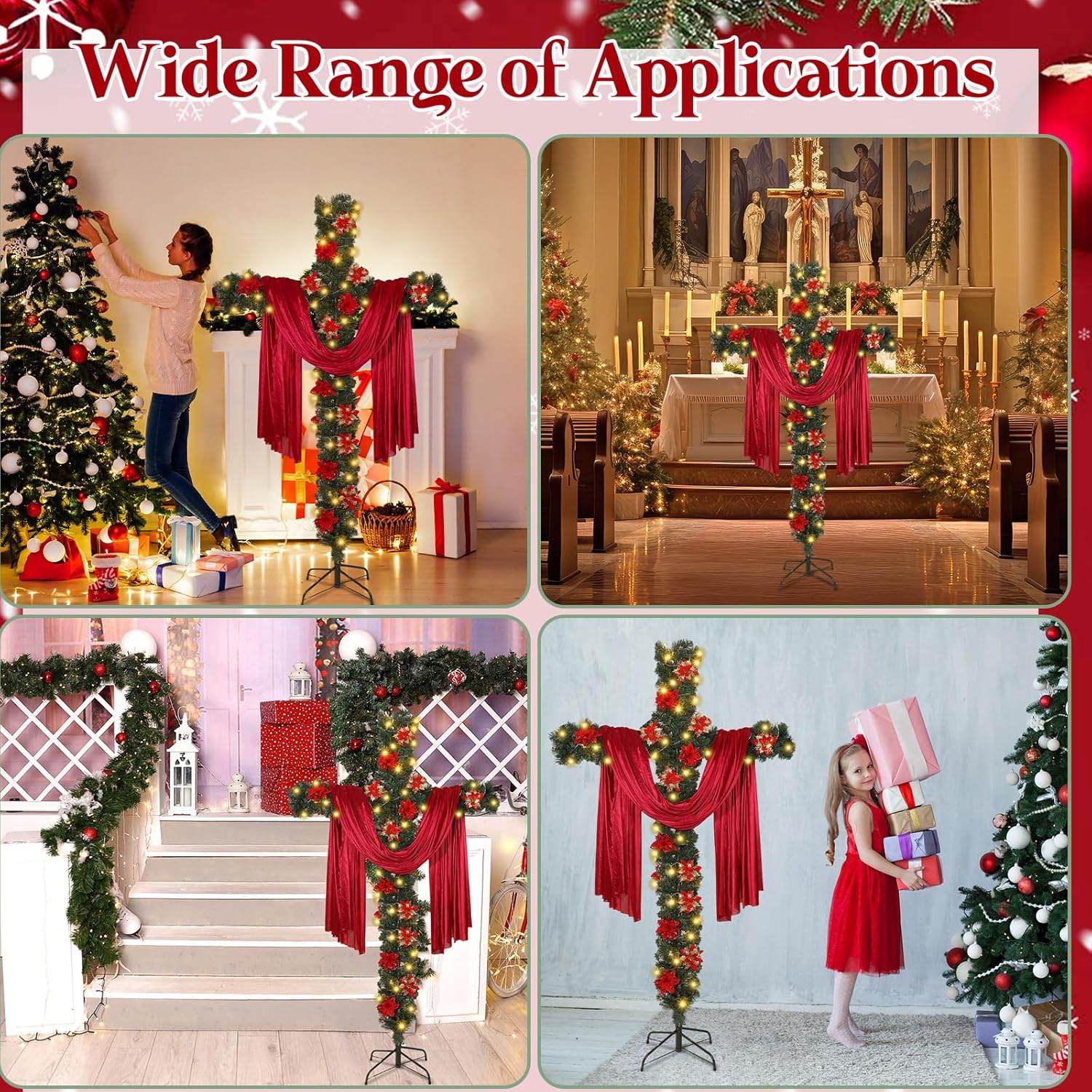 7Ft Artificial Christmas Cross Tree with a String Lights a Red Silk Scarf and 20Pcs Red Poinsettia Flowers