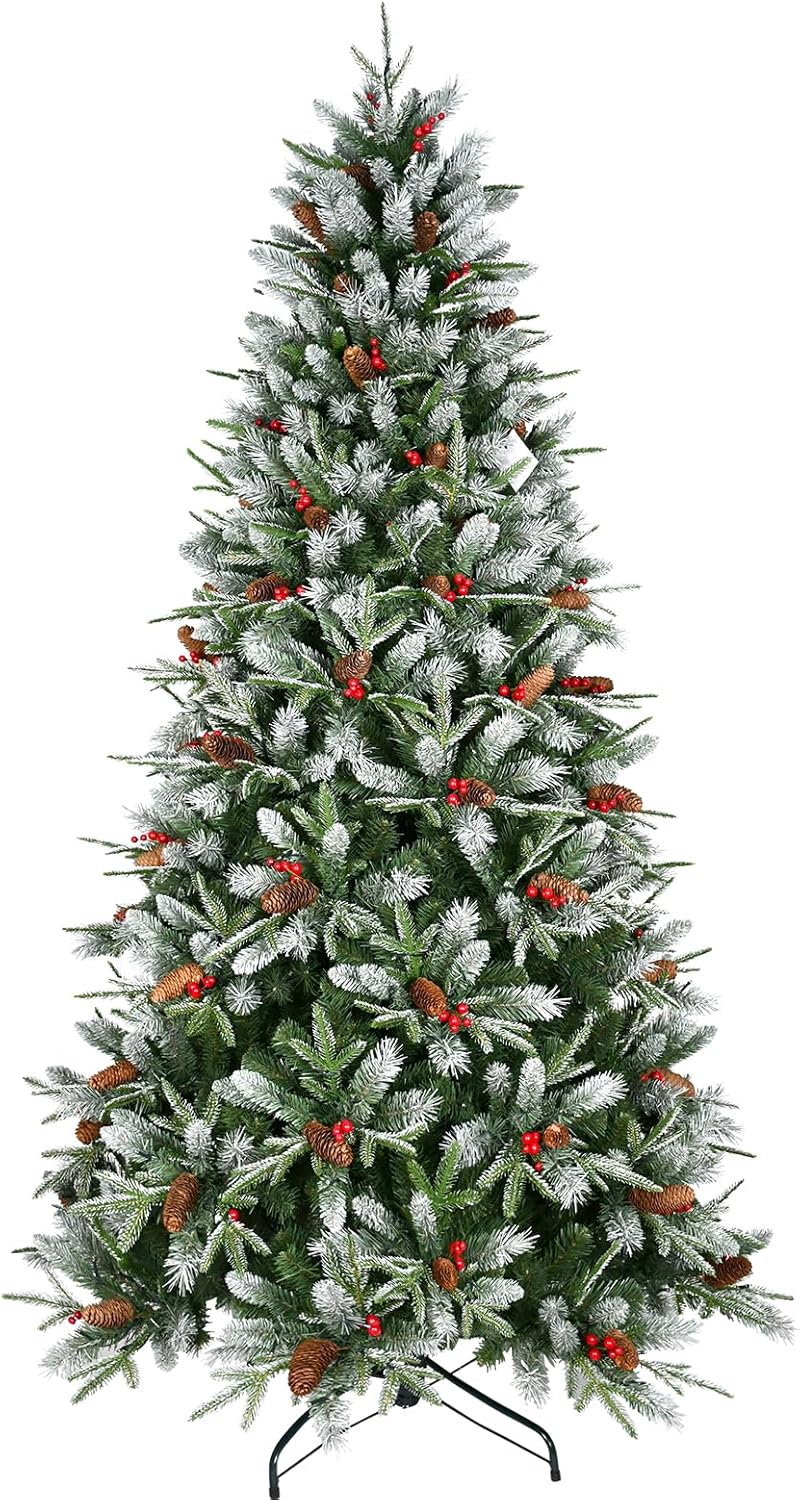 7.5 Ft Artificial Christmas Tree Pre-Decorated with Snow Flocked PVC&PE Tips, Pine Cones