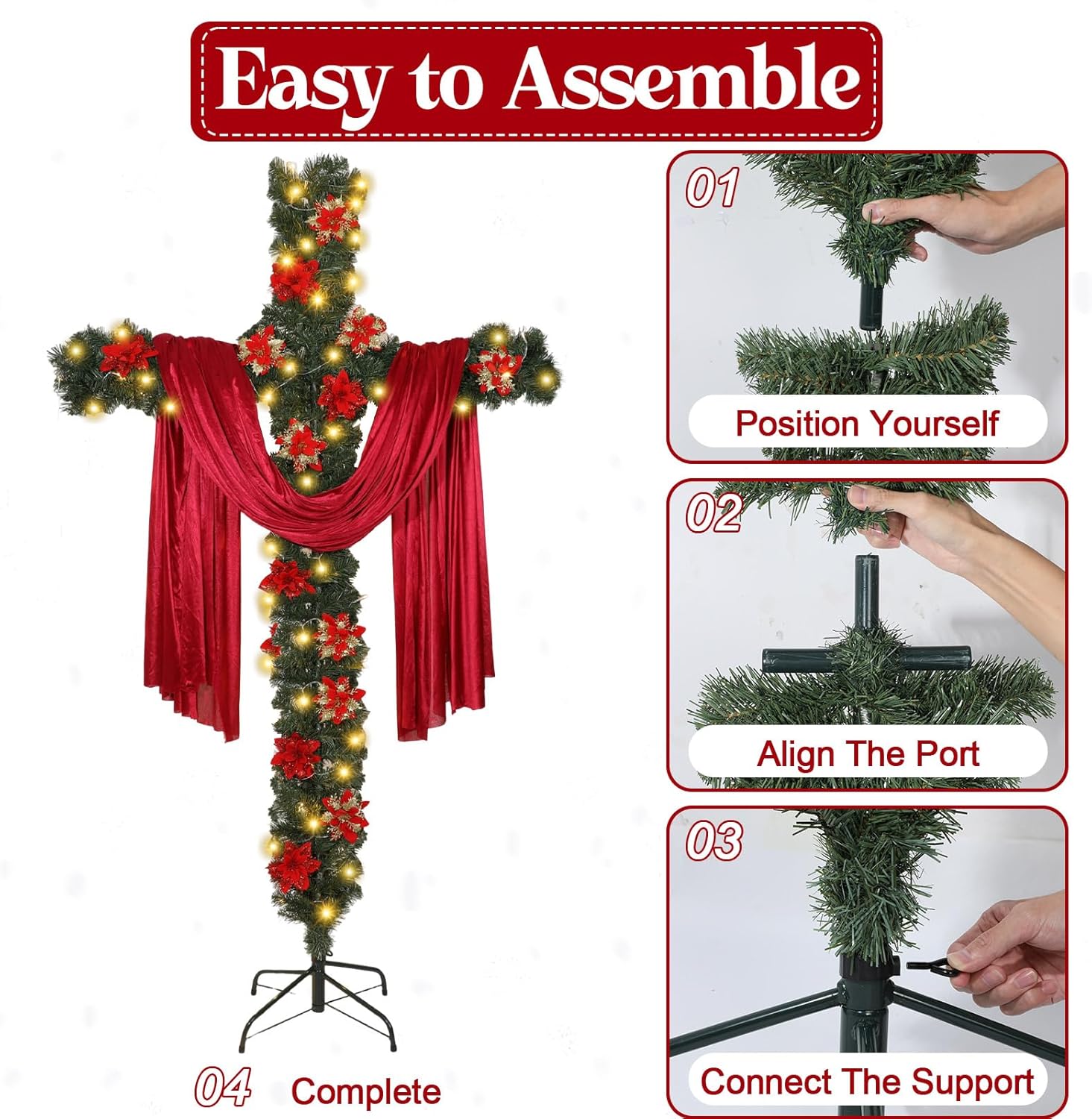 7Ft Artificial Christmas Cross Tree with a String Lights a Red Silk Scarf and 20Pcs Red Poinsettia Flowers