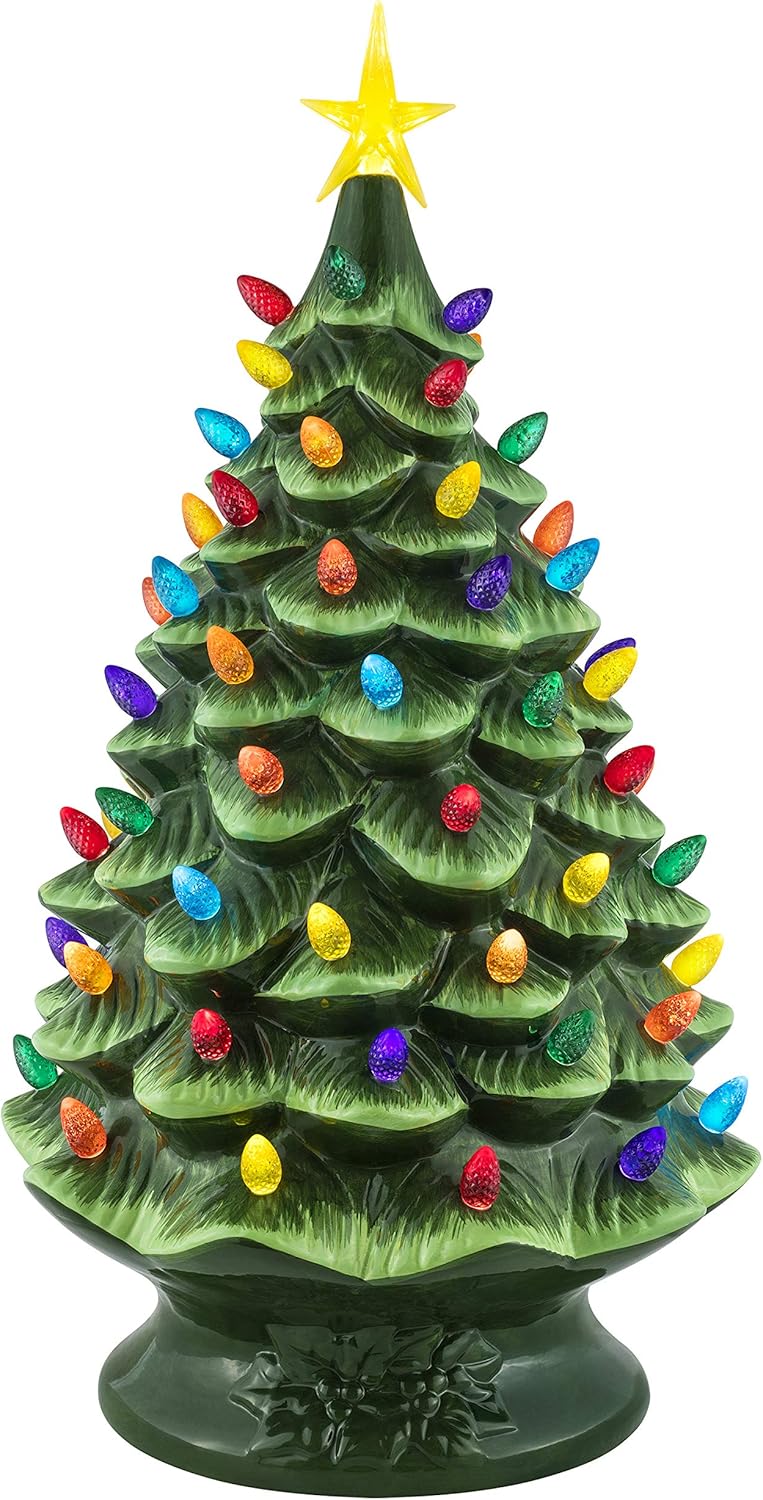 Nostalgic Ceramic Christmas Tree with LED Lights Indoor Decoration, 24 Inches, Green