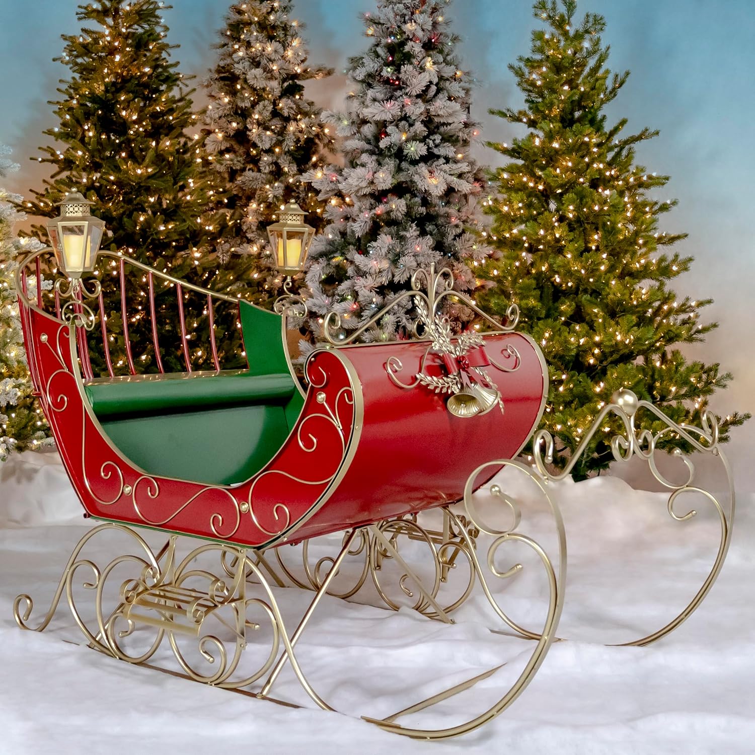 Life-Size Metal Outdoor Victorian Christmas Santa Sleigh, Commercial Christmas Decoration (Red, Green, and Gold)