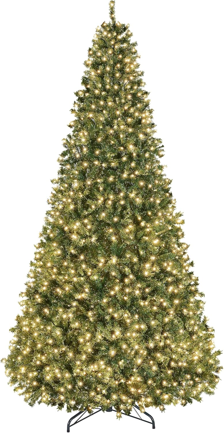 12ft Pre-lit Spruce Artificial Hinged Christmas Pine Tree Prelighted Holiday Xmas Tree for Home Party Decoration with 1500 Warm White Lights and 4668 Branch Tips, Green