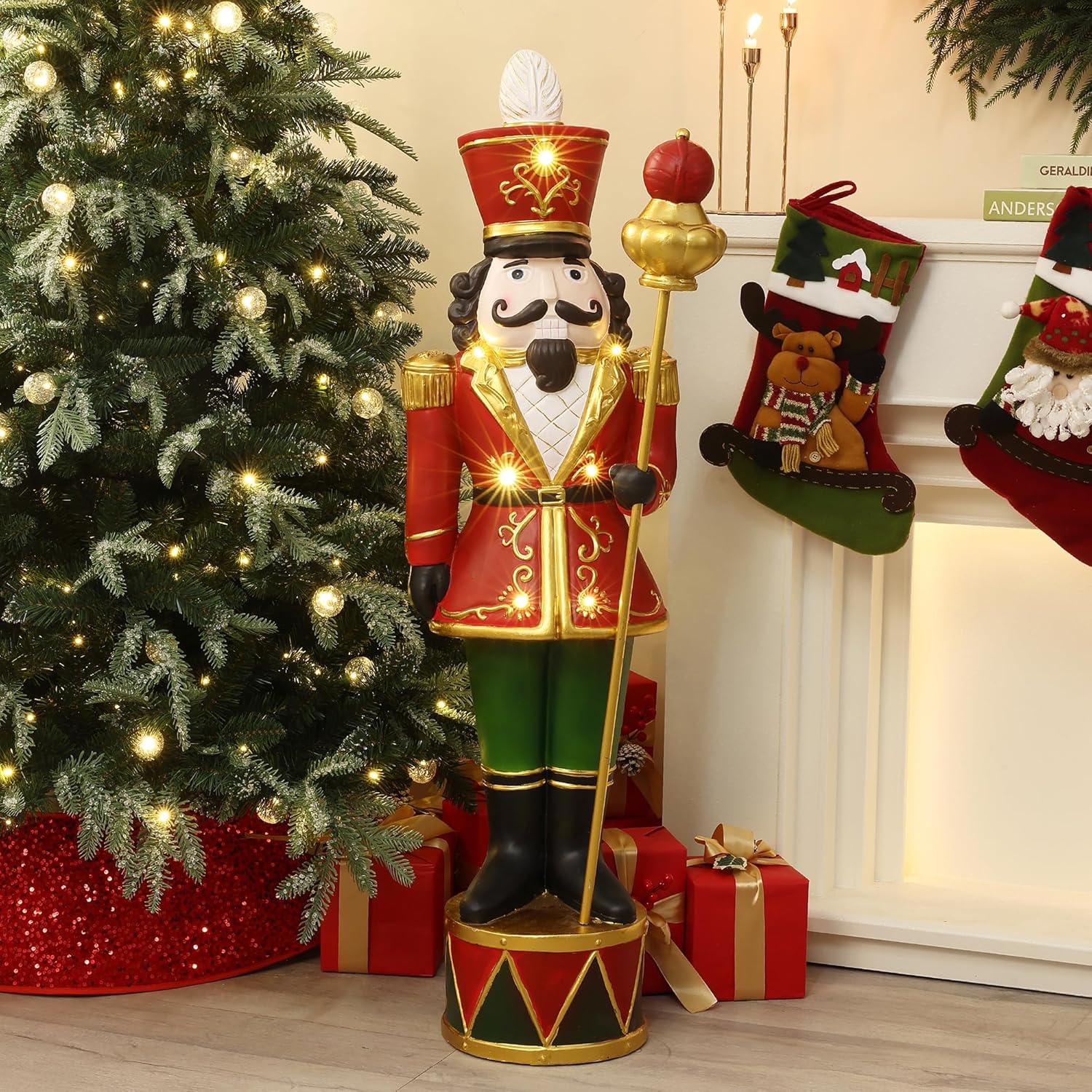 4FT Tall Nutcracker Christmas Decoration, Lighted Large Nutcracker Soldier Decoration with Scepter