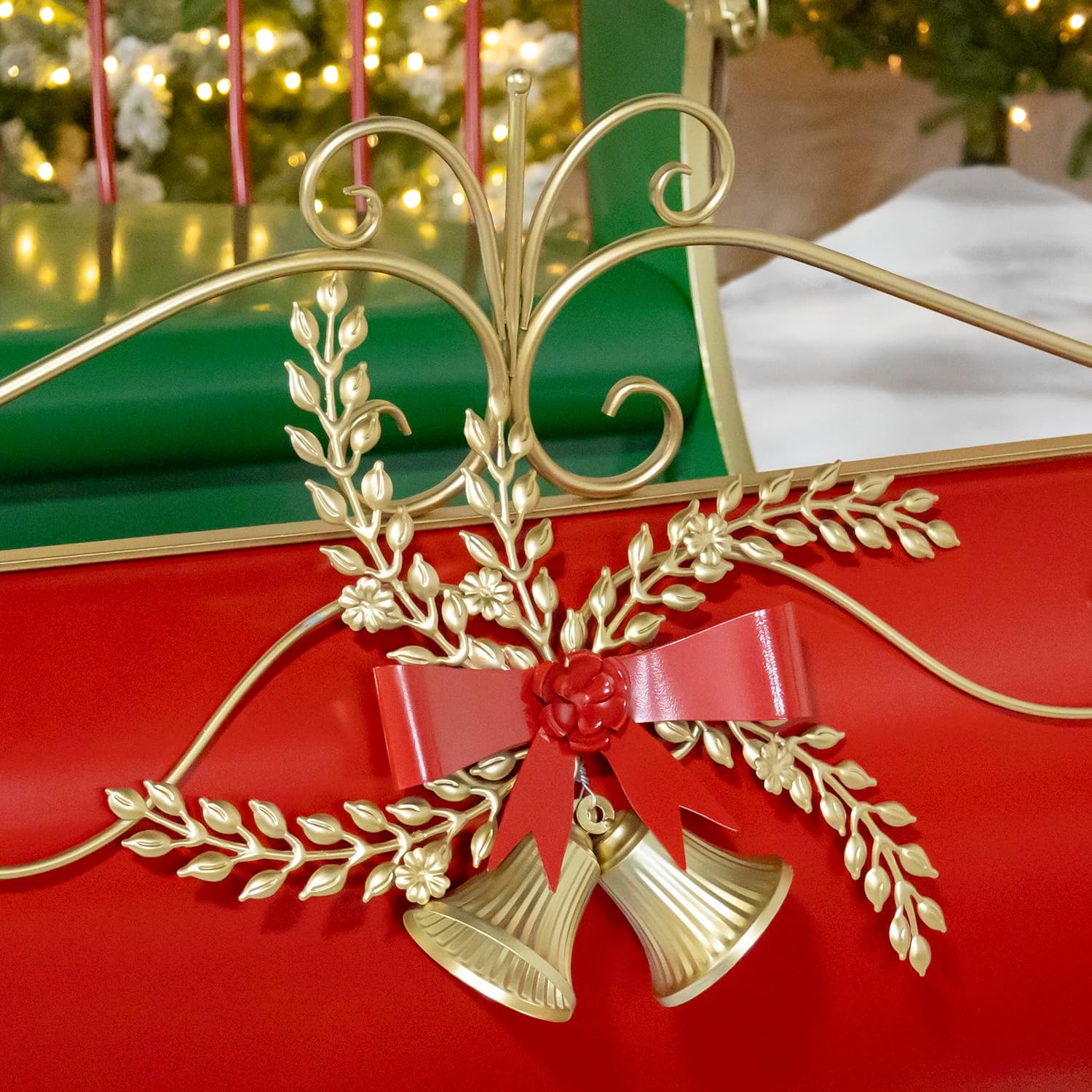 Life-Size Metal Outdoor Victorian Christmas Santa Sleigh, Commercial Christmas Decoration (Red, Green, and Gold)