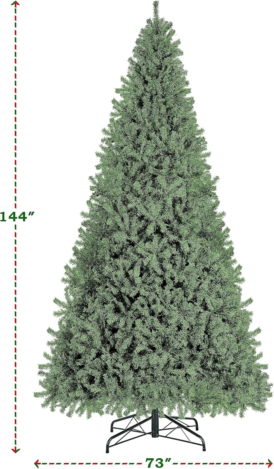 12ft Pre-lit Spruce Artificial Hinged Christmas Pine Tree Prelighted Holiday Xmas Tree for Home Party Decoration with 1500 Warm White Lights and 4668 Branch Tips, Green