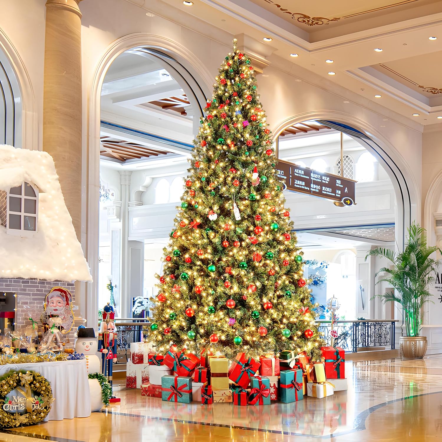 12ft Pre-lit Spruce Artificial Hinged Christmas Pine Tree Prelighted Holiday Xmas Tree for Home Party Decoration with 1500 Warm White Lights and 4668 Branch Tips, Green