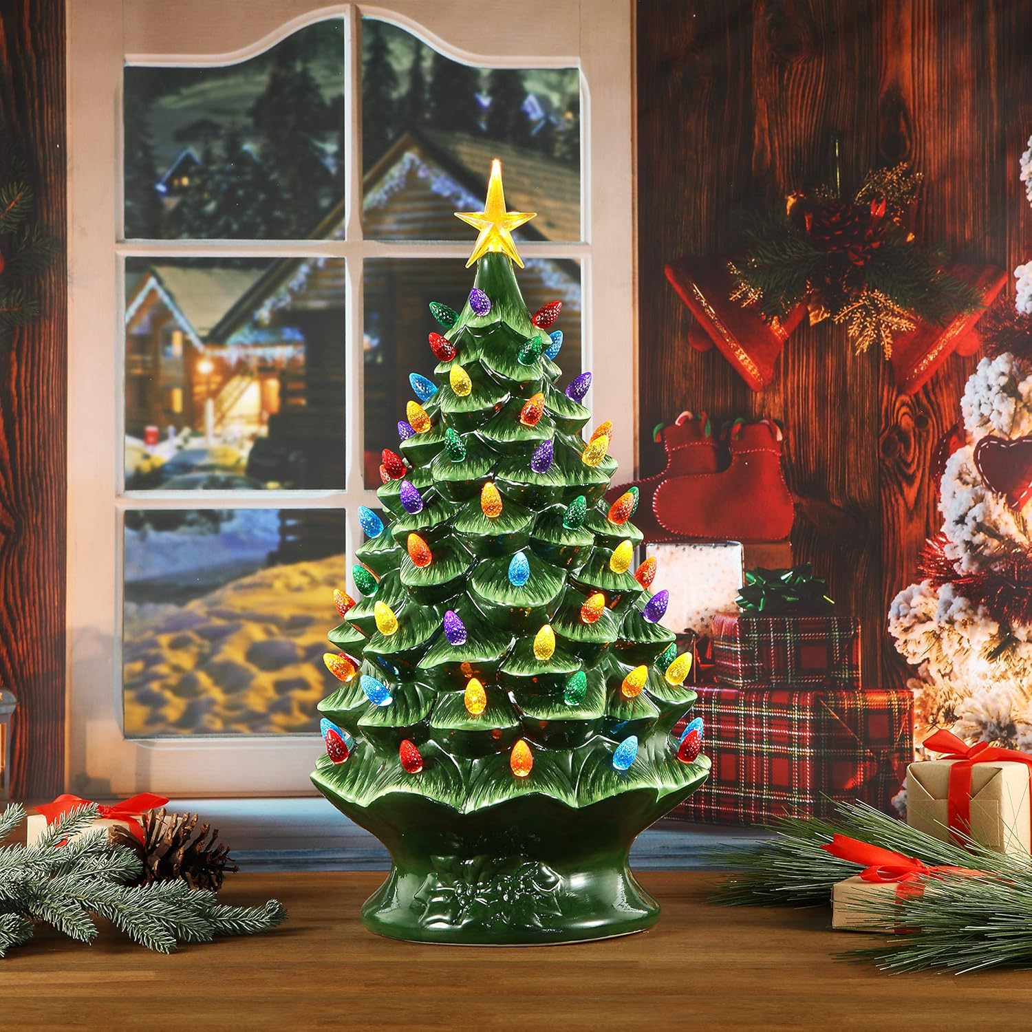 Nostalgic Ceramic Christmas Tree with LED Lights Indoor Decoration, 24 Inches, Green