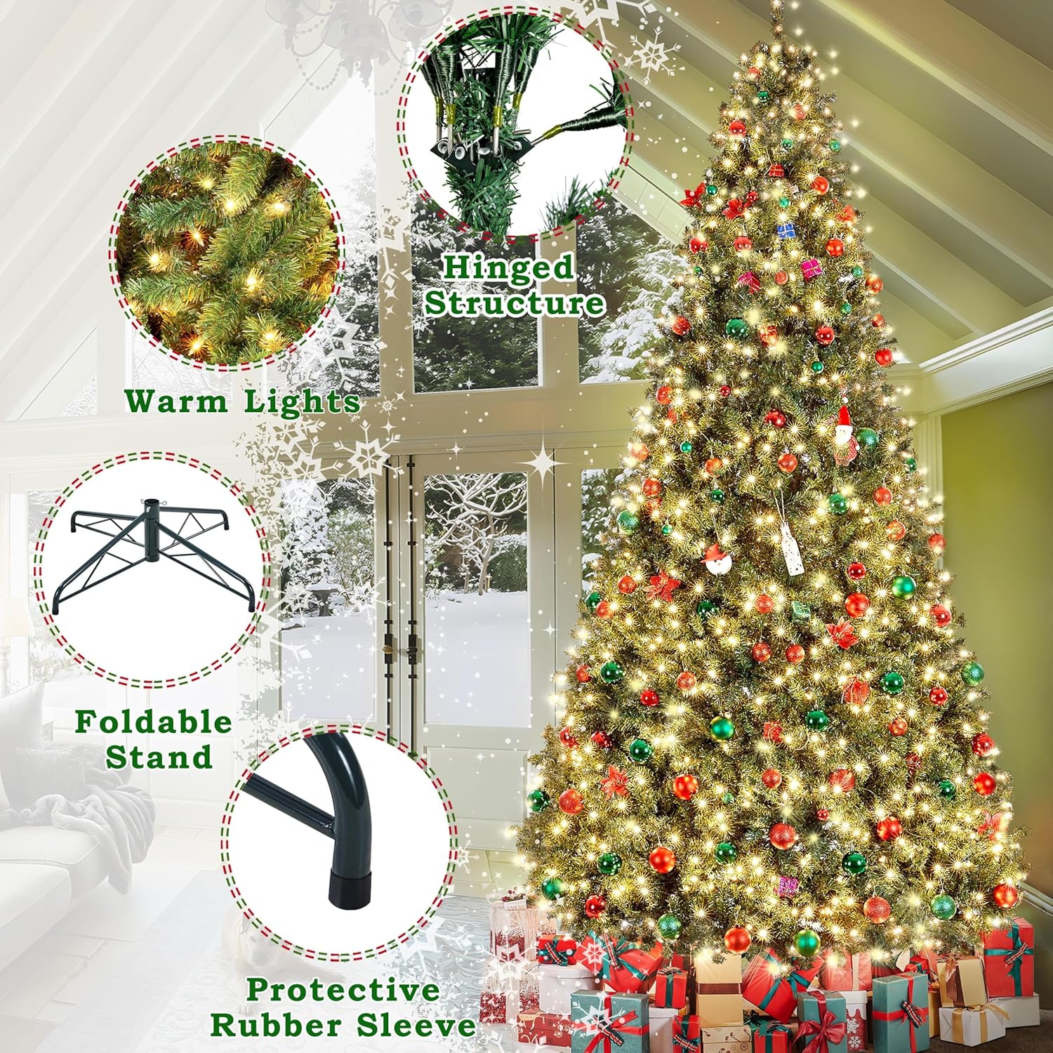 12ft Pre-lit Spruce Artificial Hinged Christmas Pine Tree Prelighted Holiday Xmas Tree for Home Party Decoration with 1500 Warm White Lights and 4668 Branch Tips, Green