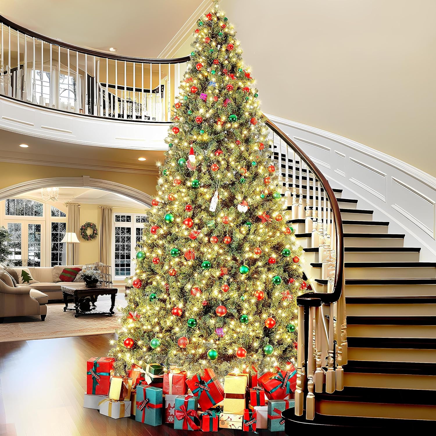 12ft Pre-lit Spruce Artificial Hinged Christmas Pine Tree Prelighted Holiday Xmas Tree for Home Party Decoration with 1500 Warm White Lights and 4668 Branch Tips, Green